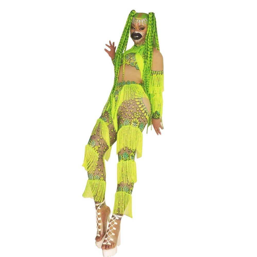 3671 White Black Tassel Jumpsuit Print Dancer Spandex Leggings Singer Stage